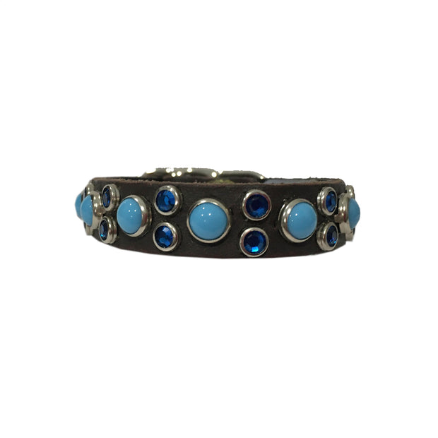 Dog collar - Choc leather with blue glass cabochons & Swarovski crystals | 1.3cm wide - SIZE 10"