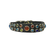 Dog collar - Black leather with multi coloured glass cabochons | 1.3cm wide - SIZE 10"