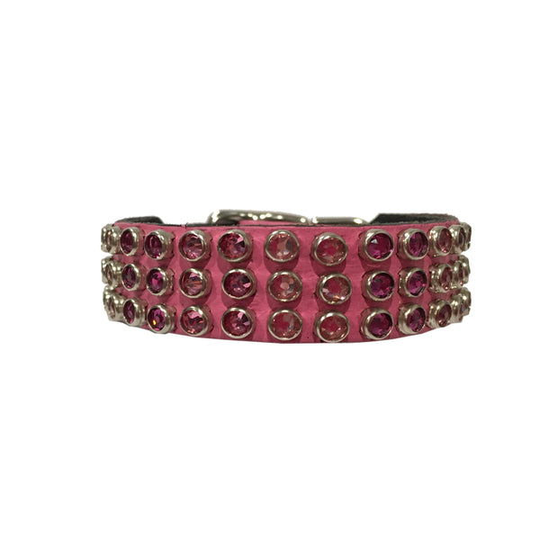 Dog collar - Hot Pink leather with pink tonal Swarovski crystals | 2cm wide - SIZE: 10"