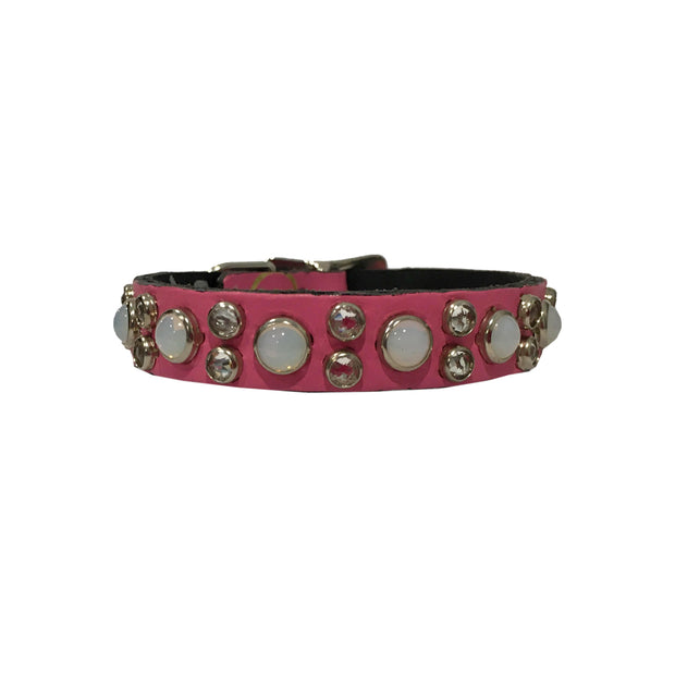 Dog collar - Pink leather with pearl glass cabochons & Swarovski crystals | 1.3cm wide - SIZE 10"