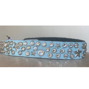 Dog collar - Clear Swarovski crystals and stars on baby blue leather | 2cm wide