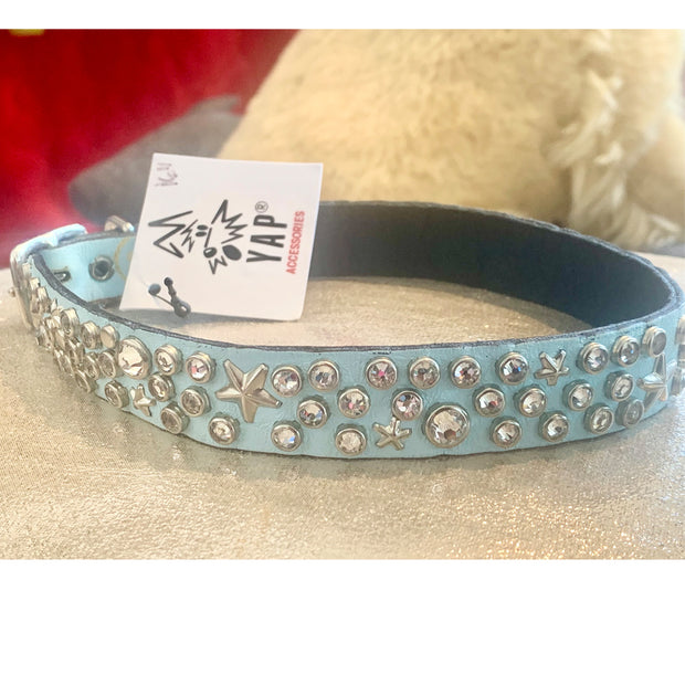 Dog collar - Clear Swarovski crystals and stars on baby blue leather | 2cm wide