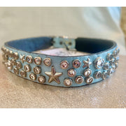 Dog collar - Clear Swarovski crystals and stars on baby blue leather | 2cm wide