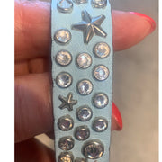 Dog collar - Clear Swarovski crystals and stars on baby blue leather | 2cm wide