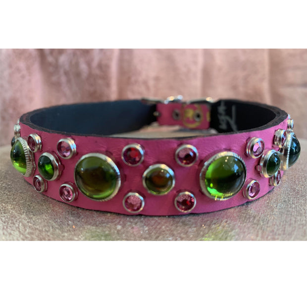 Dog Collar - Hot Pink w/ Swarovski crystals & glass cabochons - SIZE: 14”