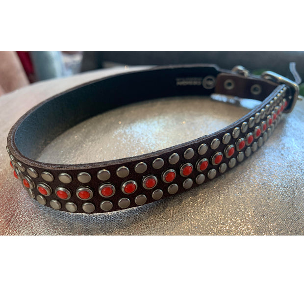 Dog Collar - Orange stones & silver nailheads on chocolate leather - SIZE: 15"