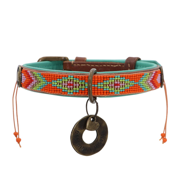 Leather dog collar - Orange, green & gold beaded - Yap Wear Store Albert Park | Pet Boutique