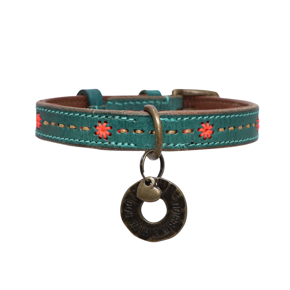 Leather dog collar jade w decorative stitching